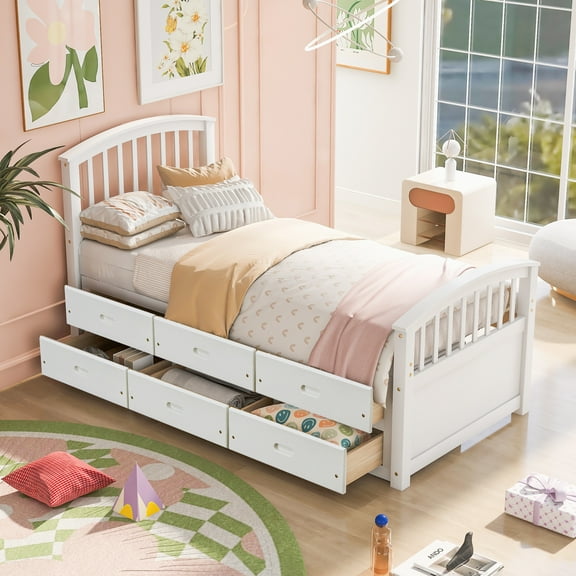 FFZ Twin Size Platform Storage Bed Premium Wood 6 Drawers White