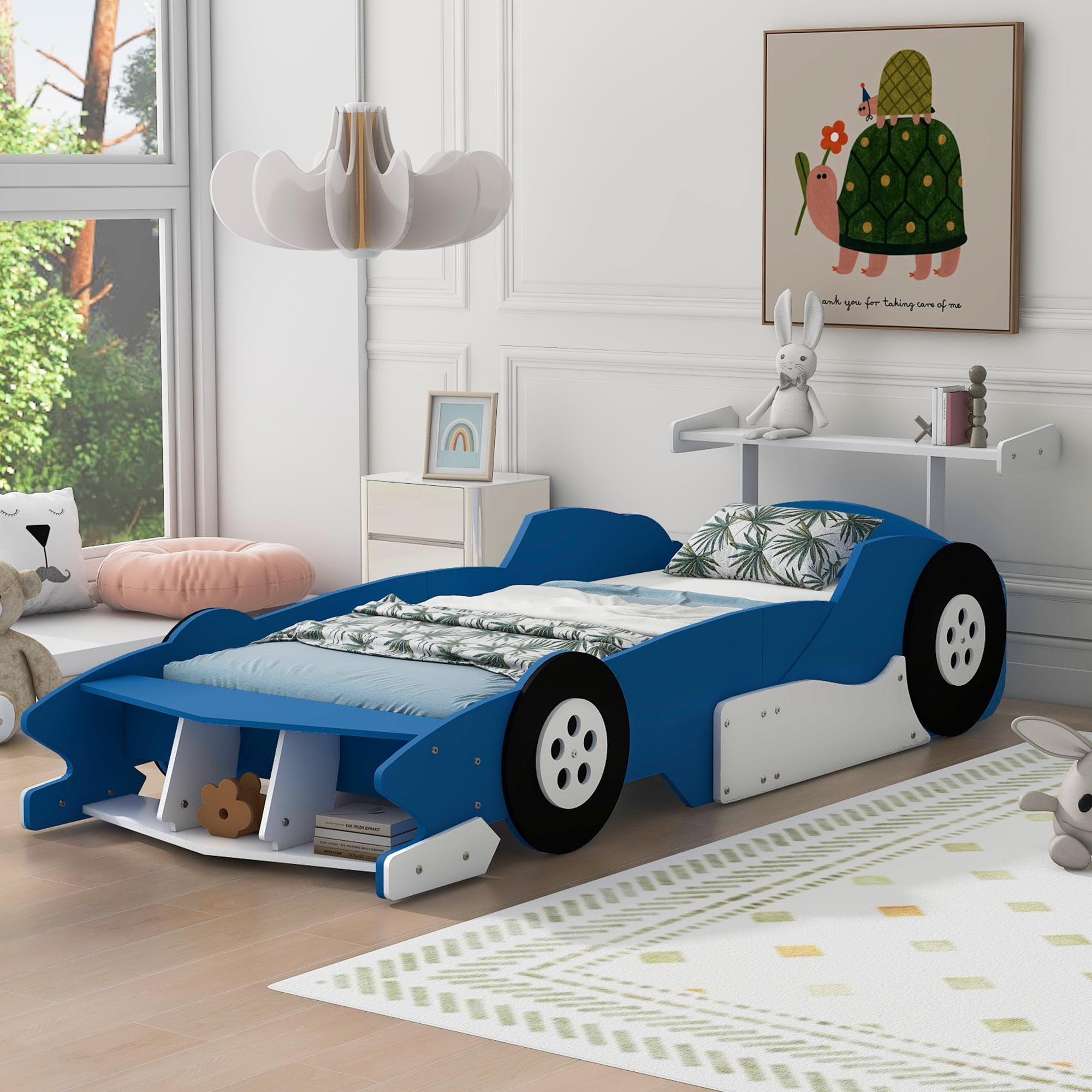 FFZ Twin Size Race Car-Shaped Platform Bed Wheels Blue