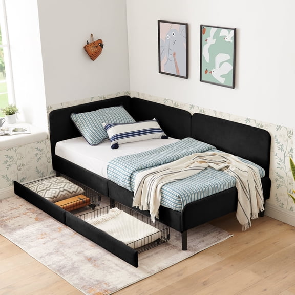 FFZ Twin Upholstered Platform Bed with 2 Storage Drawers and Velvet Sofa Function, 82 x 62 x 45 inch, Black