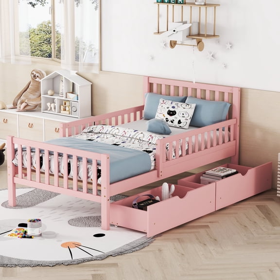FFZ Twin Wood Platform Bed with Guardrails and 2 Storage Drawers, 77.4 x 40.8 x 35.4 inch, Pink