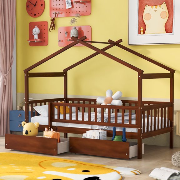 FFZ Twin Wooden House Bed with Two Drawers and Fence Guardrail, 79.5 x 41.8 x 62.9 inch, Walnut