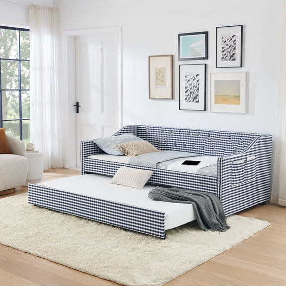 FFZ Twin Upholstered Convertible Daybed with Tufted Backrest, Pull-Out Trundle and Side Storage, Dark Blue