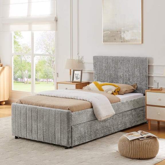 FFZ Twin Upholstered Pull-Out Daybed with Hidden Trundle and Padded Backrest, Chenille, Gray
