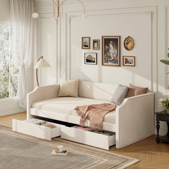 FFZ Twin Velvet Upholstered Daybed with 2 Storage Drawers, 79.9 x 41.7 x 30.6 inch, Beige