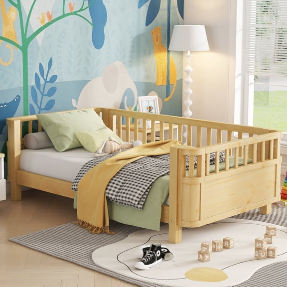FFZ Twin Wood Platform Bed with Rails and Low Profile Design, Natural