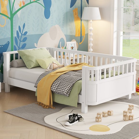 FFZ Twin Wood Platform Bed with Rails and Low Profile Design, White