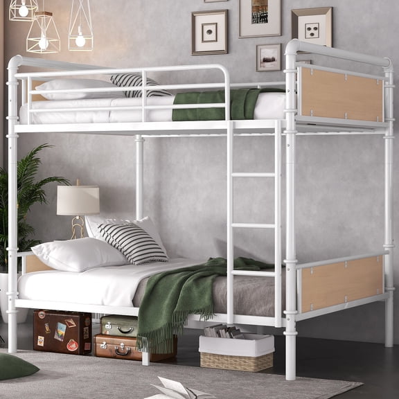 FFZ Twin XL over Twin XL Detachable Metal Bunk Bed with Safety Guard Rails and Ladder, White