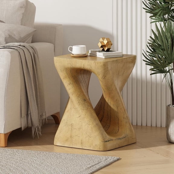 FFZ Twist Shape Side Table with Wood-Like Texture, Magnesium Oxide, Natural