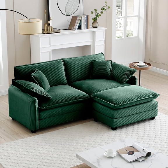 FFZ Two-Seater One Footrest L-Shaped Ottoman Small Spaces Green Corduroy For Living Room Apartment