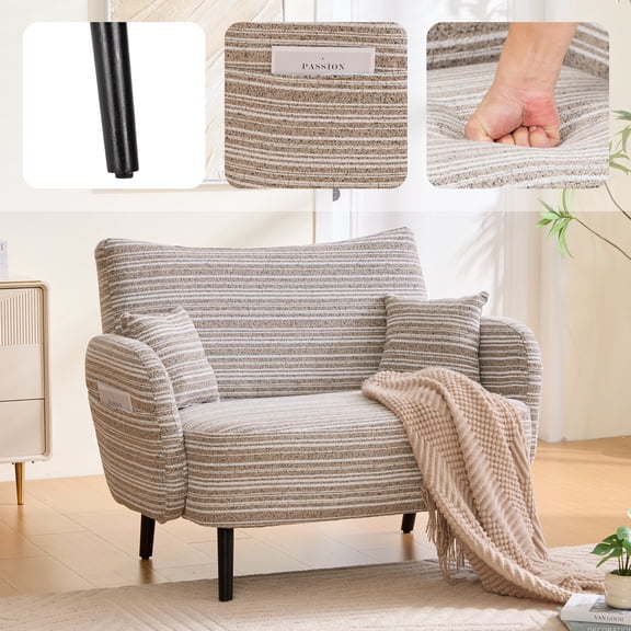 FFZ Two-Seater Sofa with Storage Pockets, Armrest Pillows and Tapered Legs, 47.64 x 32.09 x 34.25 inch, khaki