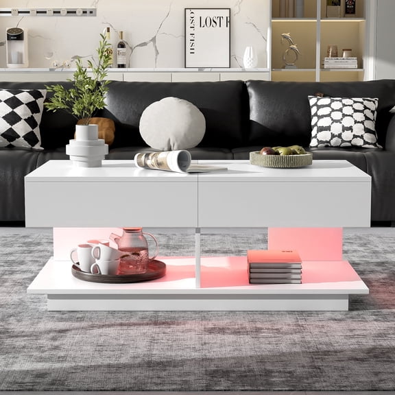 FFZ Extendable Coffee Table with LED Lights and Storage, 41.3 x 21.6 x 15.4 inch, White
