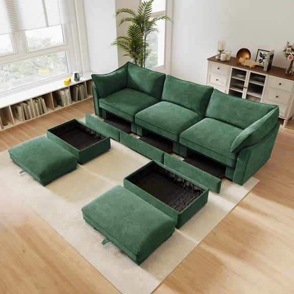 FFZ U Shape 3 Seater Deep Couch Ottomans Movable Oversized Storage Pull Drawer Green For Living Room Apartment