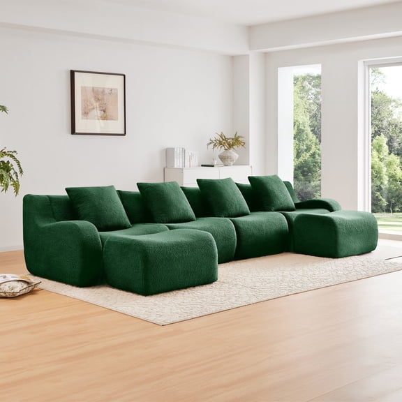FFZ U-Shaped Boneless Sofa with Teddy Fabric, Curved Armrest and Streamlined Design, Green