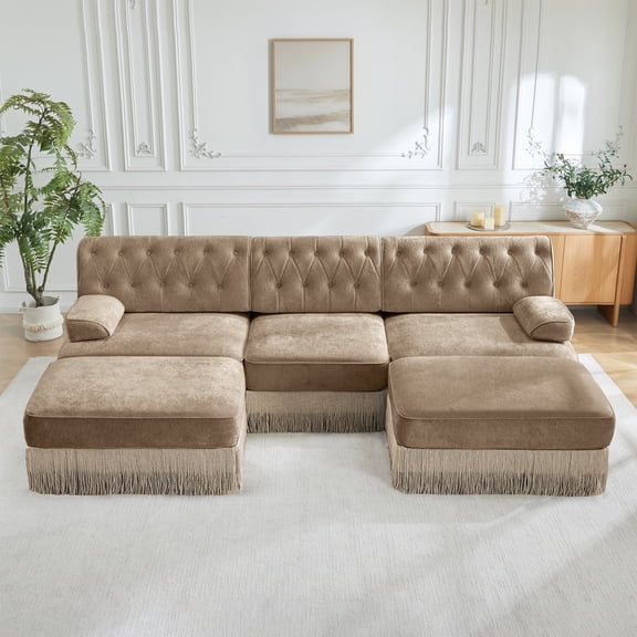 FFZ U-Shaped Chesterfield Sofa with Tassel Fringe Skirt and Modular Design, Camel