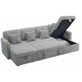 FFZ U-Shaped Corduroy Sectional Sleeper Sofa with Double Storage Chaise, Light Gray