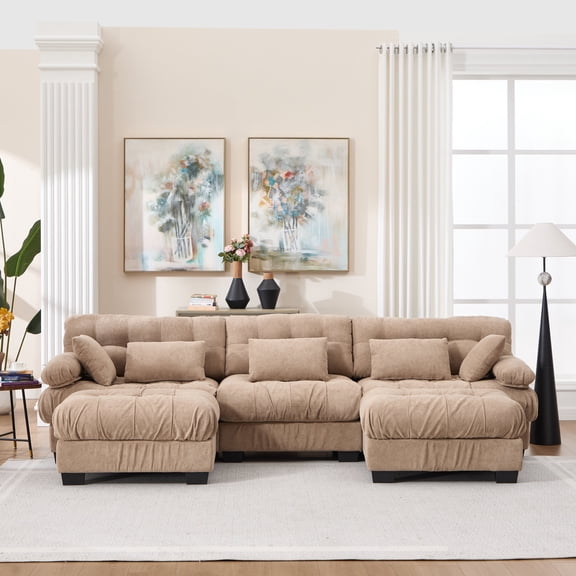 FFZ U-Shaped Modular Sectional Sofa with Advanced Flannelette, Round Armrests, 5 Pillows, Light Brown