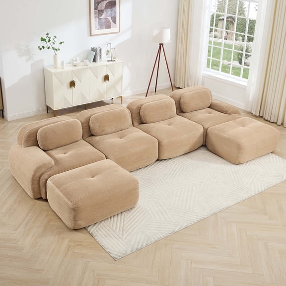 FFZ U-Shaped Modular Sofa Breathable Corduroy 32D Sponge Curved Armrests Camel For Living Room Bedroom