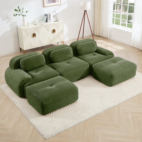 FFZ U-Shaped Modular Sofa with Corduroy Fabric, Curved Armrests and No Assembly, Olive Green
