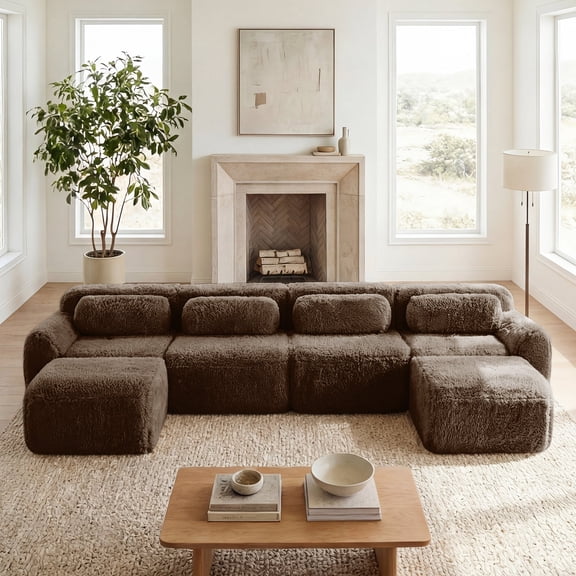 FFZ U-Shaped Modular Sofa with Plush Fabric and Non-Slip Design, Chocolate