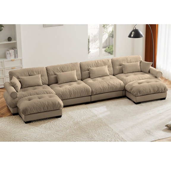 FFZ U-Shaped Sectional Sofa with Movable Ottomans, Velvet Upholstery and Deep Seat Comfort, Camel