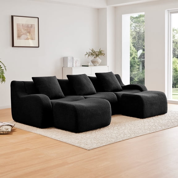 FFZ U-Shaped Teddy Fabric Boneless Sofa with Curved Armrest, Black