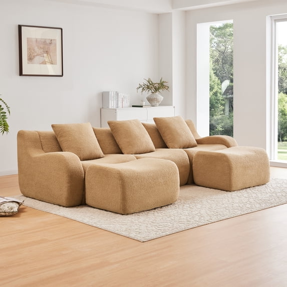 FFZ U-Shaped Soft Teddy Fabric Boneless Sofa Chaise Anti-Slip 32D Sponge Camel For Living Room Reading Nook