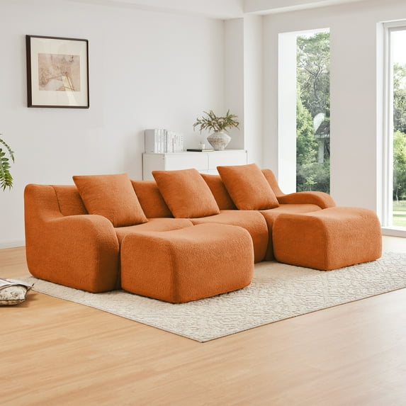 FFZ U-Shaped Soft Teddy Fabric Boneless Sofa Chaise Anti-Slip 32D Sponge Orange For Living Room Reading Nook