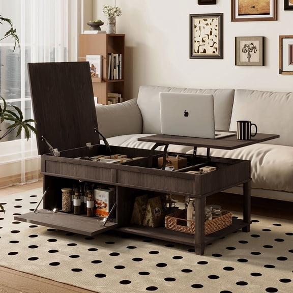 FFZ Lift-Top Coffee Table with Hidden Compartment and Open Shelf, Antique brown