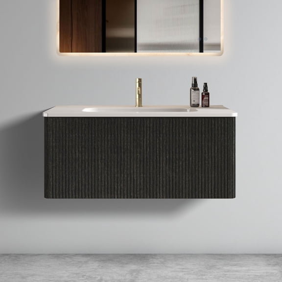 FFZ Etna 36" Striped Floating Bathroom Vanity with White Ceramic Sink, Push Open Drawer, U Shape, Black
