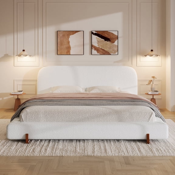 FFZ Unique California King Upholstered Bed Frame with Solid Wood Legs, White