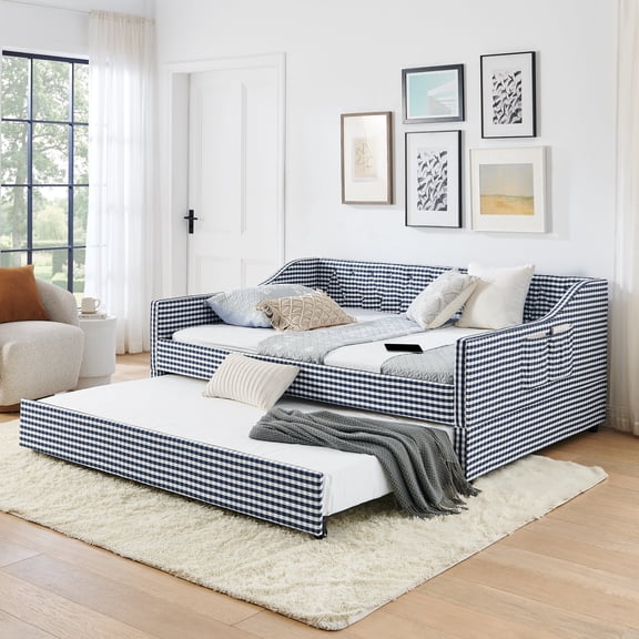 FFZ Upholstered Convertible Daybed with Tufted Backrest, Pull-Out Trundle and Side Storage, Dark Blue