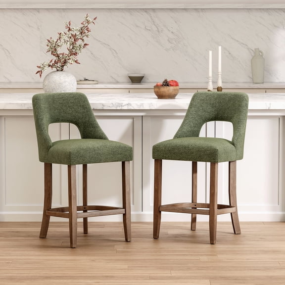 FFZ Upholstered Counter Height Bar Stool Set of 2 with Solid Wood Legs, Green