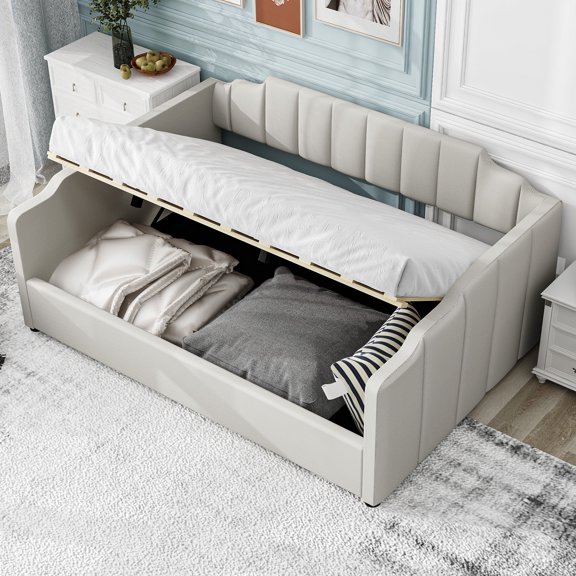 FFZ Upholstered Daybed Underneath Storage Full Beige
