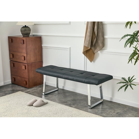 FFZ Upholstered Dining Bench with Premium Leather, Reinforced Center, Arched Legs, 51.57" L, Black Pu