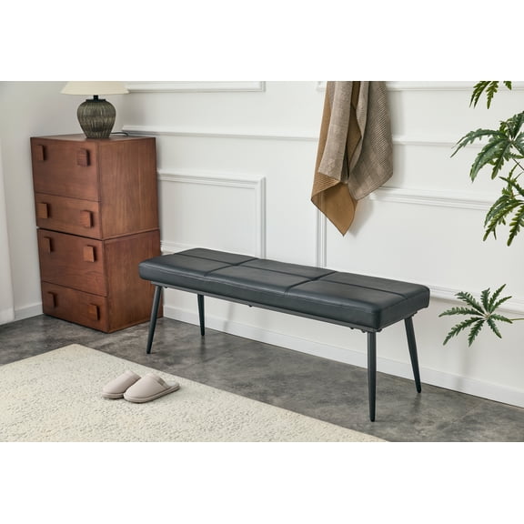 FFZ Upholstered Dining Bench with Premium PU Leather, Reinforced Center Beam, 51.57 x 16.14 x 14.57, Black