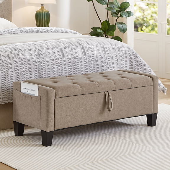 FFZ Upholstered Storage Ottoman Bench Safety Hinge 350lbs Weight Entryway Linen