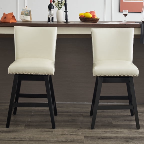 FFZ Upholstered Swivel Bar Stool Set of 2 with High Back, Nailhead Trim, Wood Frame, Cream White