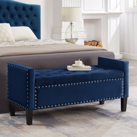 FFZ Upholstered Tufted Button Storage Bench Nail Trim Entryway Padded Seat Navy