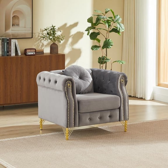 FFZ Velvet Chesterfield Sofa Round Pillows Copper Stud Detailing Tufted Button Accents Metal Legs For Living Room Bedroom