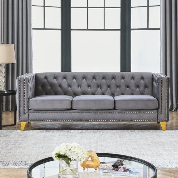 FFZ Velvet Chesterfield Sofa with Buttons and Metal Legs, 80.5 x 30.5 x 29 inch, Gray