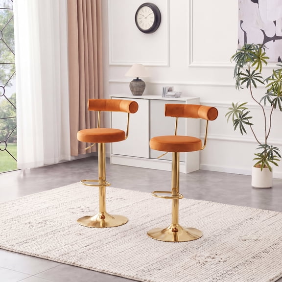 FFZ Velvet Swivel Adjustable Bar Chair Set of 2 with Electroplated Gold Legs, Rusty Orange