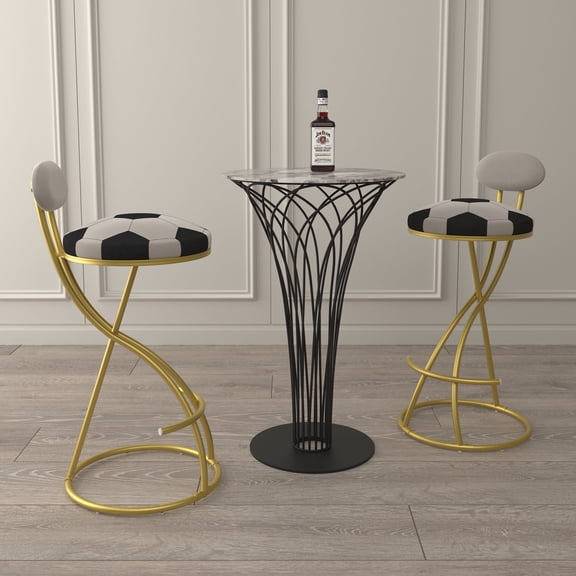FFZ Football Print Velvet Bar Stool Set of 2 with Gold Metal Frame, Creamy White Back, Gold+creamy White