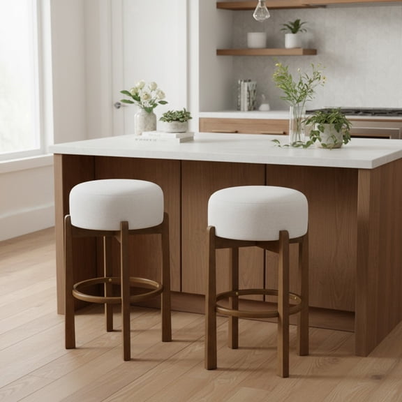 FFZ Vera Upholstered Barstool Set of 2 with Rubber Wood Frame and Ivory Cushion, Dark Walnut