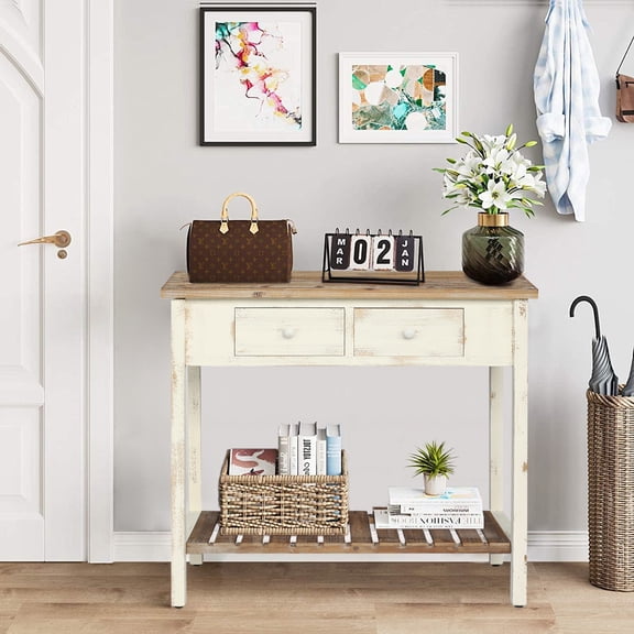 FFZ Vintage Two-Drawer Console Table with Open Shelf, Antique Natural