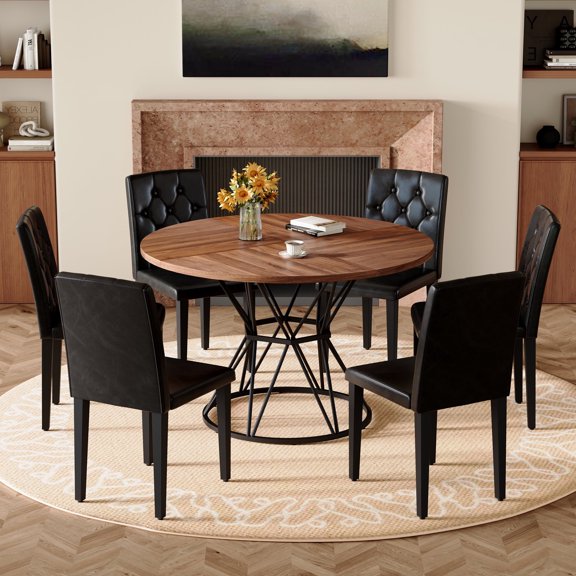 FFZ 47.3 inch Walnut Dining Table Set with 6 Black PU Chairs, Walnut+black