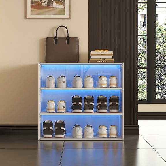 FFZ White Glass Door Shoe Storage Cabinet With RGB Led Light