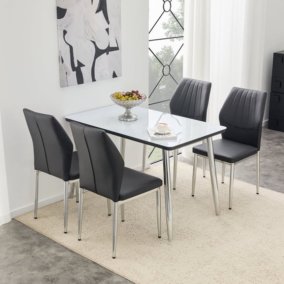 FFZ Dining Table and 4 Chairs Set with Imitation Marble Glass Top and Silver Legs, Black