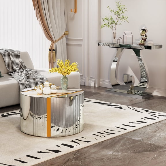 FFZ Round Coffee Table with Mirrored Glass Top and Marble Pattern Sticker, 27.56 x 27.56 x 15.74 inch, Silver