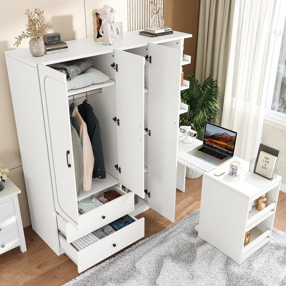 FFZ White Multifunctional 2 Door Wardrobe, Wooden Closet With Convertible Desk Storage Drawers For Bedroom Laundry