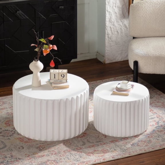 FFZ White Scalloped Round Nesting Coffee Table Set with Curved Edges, 46.46 x 26.77 x 15.55 inch, Cream White